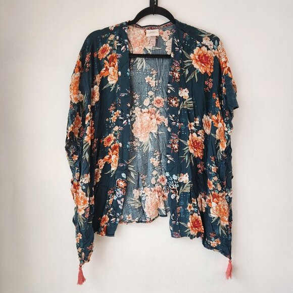 Knox Rose Green Pink Floral Open Front Kimono Cardigan Lightweight Boho XS/S - Picture 1 of 6